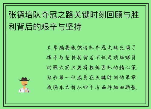 张德培队夺冠之路关键时刻回顾与胜利背后的艰辛与坚持